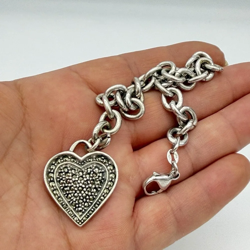 VTG‎ Sterling Silver Heart Charm Bracelet Marcasite Hallmarked Charm 26gr Sz6.5